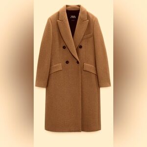 Zara Women's Camel Double-Breasted Long Trench Coat-Large